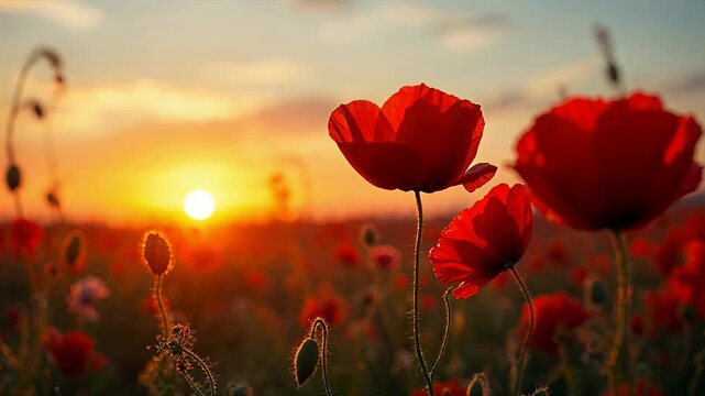 poppies sunset field closeup in golden hour