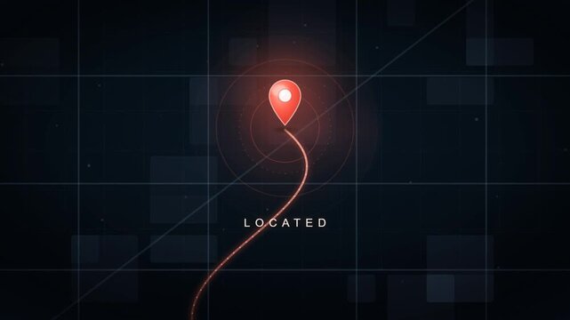 Red location pin marker dropping on dark tech grid with locating navigation animation loop