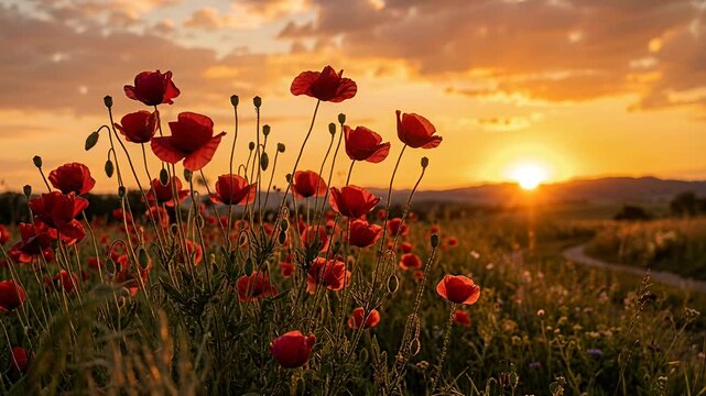 poppy field at sunset over rolling hills, golden hour