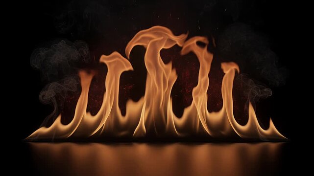 flames on dark background, orange tongues of fire, reflective surface