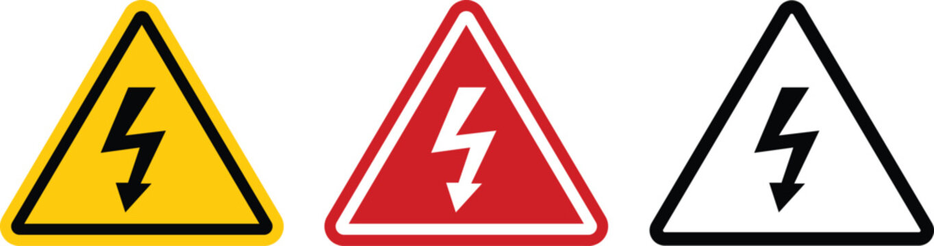 High voltage warning hazard triangle signs. Electrical shock and lightning danger alert symbols in yellow, red, and black. For industrial safety and power concepts.