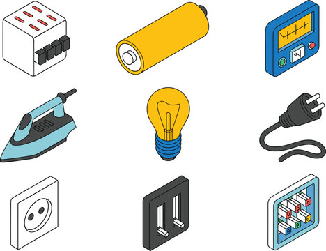 Isometric electrical equipment icon set featuring cartoon vector battery power plug socket light bulb clothes iron and voltage meter isolated on white background
