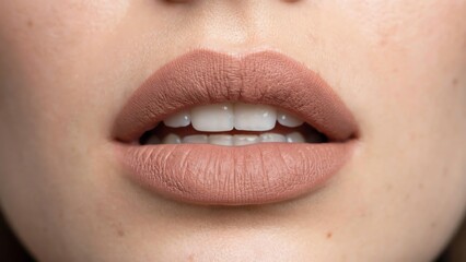 Naklejka premium Close-up of woman's lips with natural nude lipstick