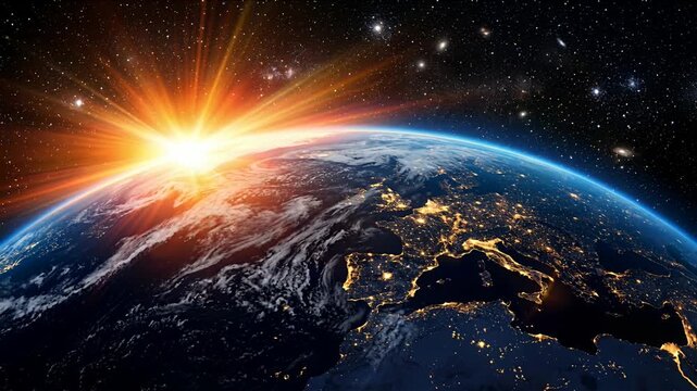 earth sunrise space view with illuminated continents and city lights