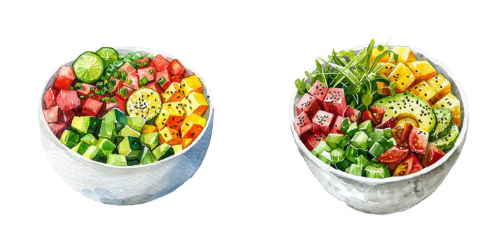 poke bowl hawaiian food watercolor vector illustration