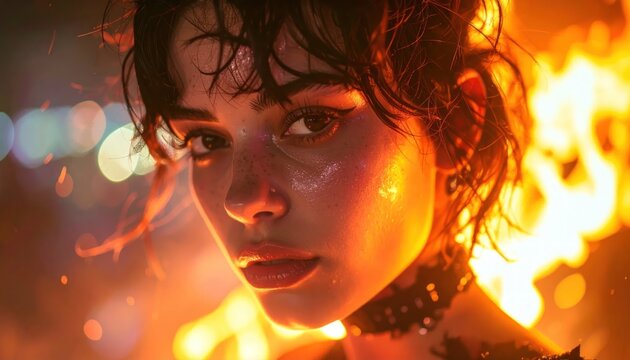 Fiery Portrait of a Young Woman with Intense Gaze Amidst Flames and Bokeh Lights