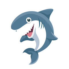 Naklejka premium Colorful cartoon-style vector illustration of a cheerful baby shark swimming in clear blue ocean water, designed for children's educational materials and playful media projects