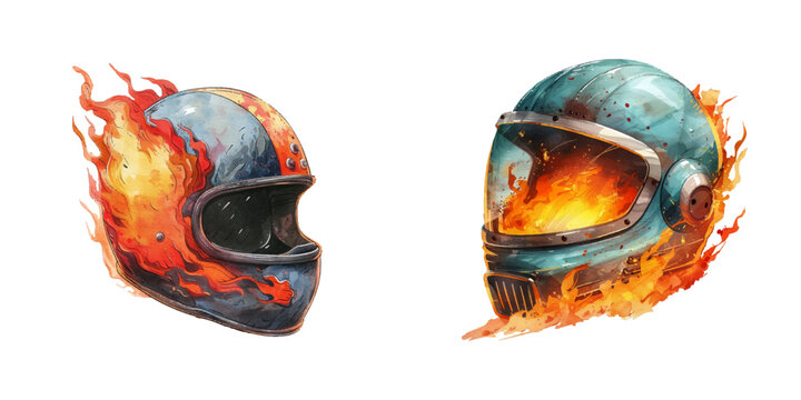retro helmet on fire watercolor vector illustration