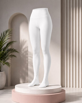 Blank white leggings mockup on female mannequin legs standing on a display podium