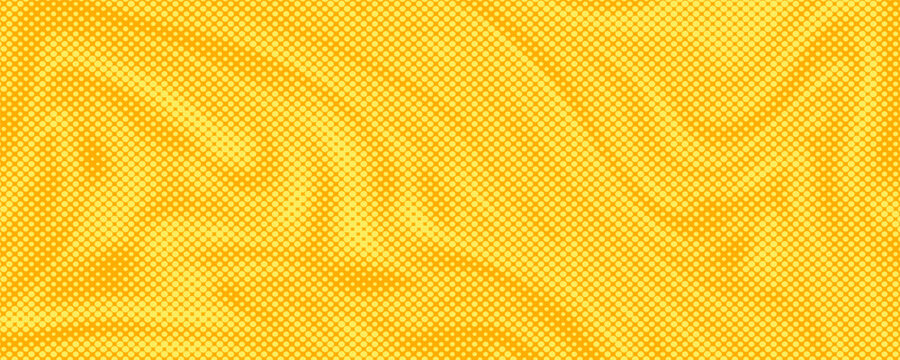 Yellow orange halftone pattern. Retro comic gradient background. Square pixilated dot cartoon texture. Pop art faded gradient pattern. Vector backdrop.