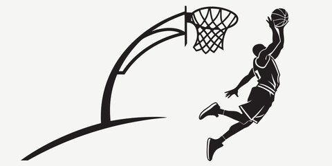 Black silhouette of basketball player performing a slam dunk basketball hoop © Abu