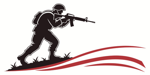 Black silhouette of soldier aiming rifle, camouflage pants, red background, army © Abu