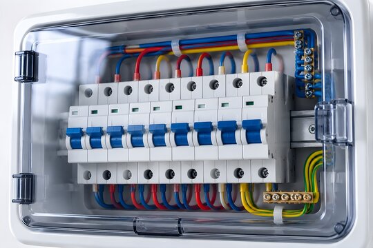 Circuit Breakers Behind Transparent Protective Cover Support Electrical Overload Prevention and Organized Power Distribution Safety
