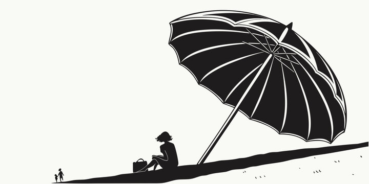 Black silhouette of beach umbrella with people sitting under it summer vacation
