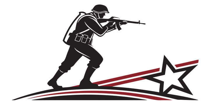 Black silhouette of soldier aiming rifle with american flag background
