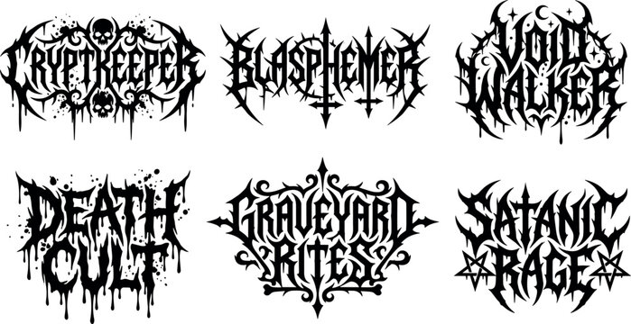 Big collection of black death metal band logo lettering styles featuring gothic typography spikes skulls and satanic pentagram elements