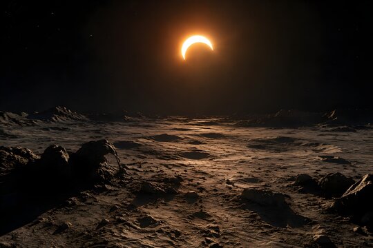 Partial Solar Eclipse Above Cratered Planet Creates Crescent Light And Dramatic Alien Shadows Across Surface