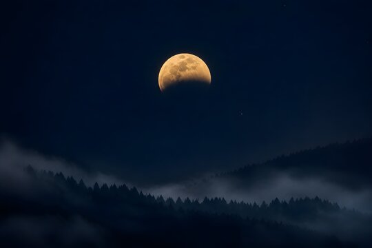 Partial Lunar Eclipse Glows Above Misty Forest Beneath Cool Atmospheric Layers and Mysterious Night Skies