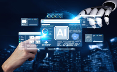 Obraz premium AI Assistant Brain Processor with LLM Technology, Big Data, Machine Learning, Generative AI for Business Support, Future Agentic AI Technology and Artificial Intelligence Prompt Engineering. Vouch