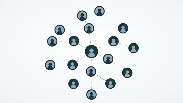 Growing social network of connected people icons expanding across white background animation