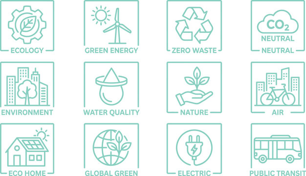 Set of environmental ecology and green energy thin line icons with environment sustainability conservation renewable pollution electric protection collection business transport building