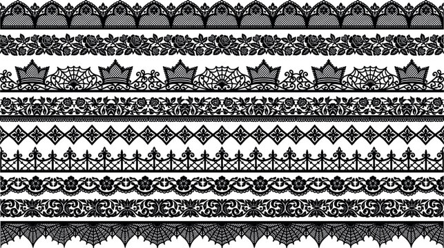 Big collection of black gothic lace borders ornate seamless trims vintage filigree ribbons and elegant fabric pattern elements