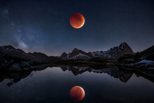 Lunar Eclipse Glows Above Dark Mountain Lake With Red Reflection and Star Filled Sky Tonight