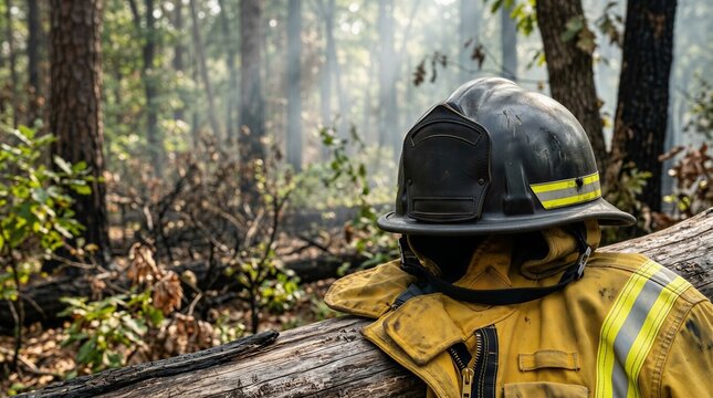 Close Up of Wildland Firefighter Protective Helmet and Turnout Jacket Resting on Burned Log in Smokin Forest, Wildfire Response and Equipment Concept