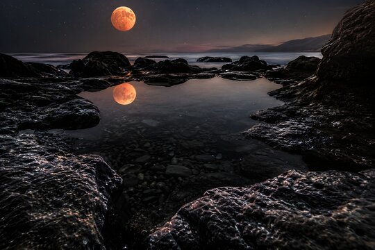 Blood Moon Reflection Glows Inside Rocky Tidal Pool Beneath Faint Stars And Night Sky Wonder