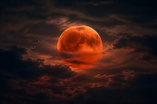 Blood Moon Glows Behind Thin Storm Clouds Creating Dramatic Crimson Light Across Layered Dark Skies