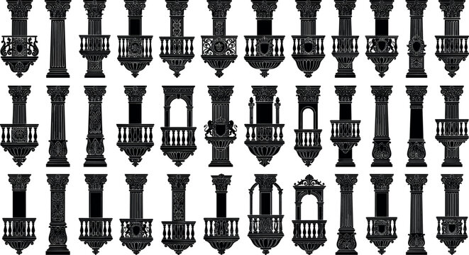 Big collection of black vintage balcony silhouettes featuring classic Italian architecture renaissance balustrades and baroque stone columns vector icons