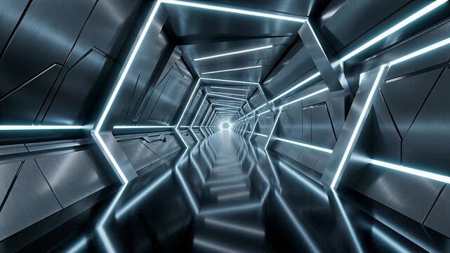 futuristic tunnel neon blue lights corridor geometric chrome walls
