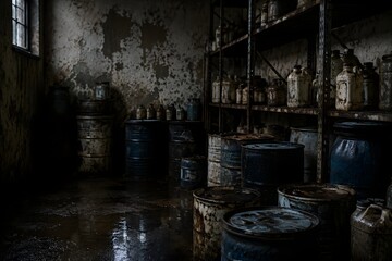 Fototapeta premium Forgotten Chemical Storage Room Reveals Aging Drums Rusted Shelving Stained Floors and Dim Natural Light