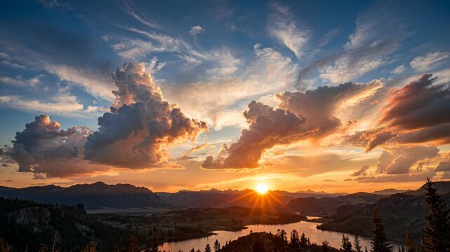 sunset landscape over mountains and lake with dramatic clouds at dusk