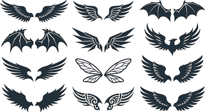 Big collection of black wing silhouettes featuring angel bird dragon bat phoenix and tribal insect wings vector icon set