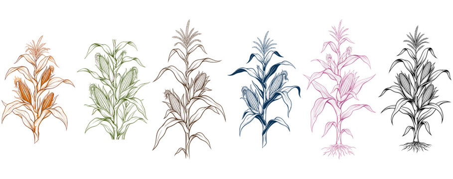 Six corn stalks. Vintage line art engraving. Organic farm harvest concept. Ideal for food packaging. Perfect for botanical posters.