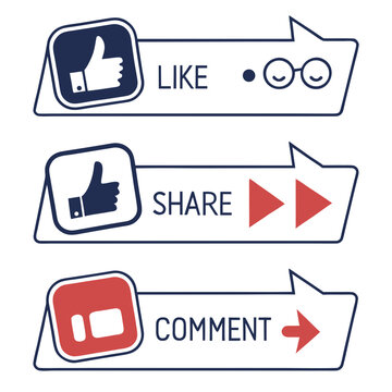 Flat of social media like, share, and comment buttons like button share button flat blue background