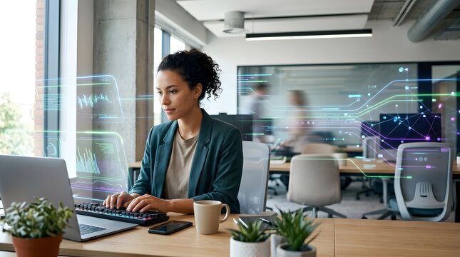 Woman working on laptop with futuristic data visualizations overlay