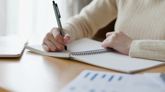 Close-up of a person writing in a spiral notebook at a wooden desk, with blurred documents in the foreground, suggesting planning, study, or work.