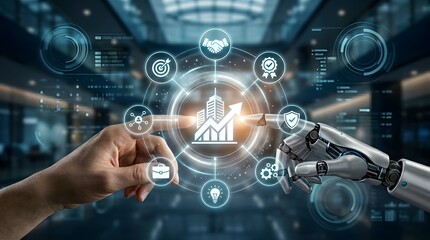 Fototapeta premium Human hand and robot arm interact with futuristic business growth interface