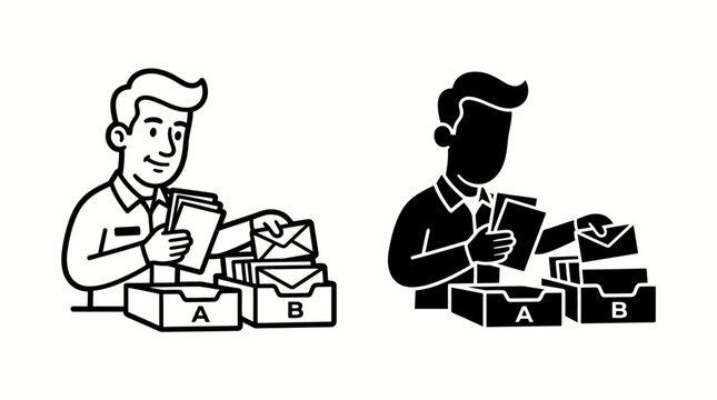 Black and white line art icons of a man sorting mail into boxes.