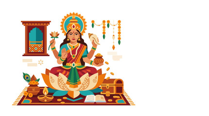 Obraz premium Illustration of Hindu Goddess Sitting with Lotus and Sacred Symbols
