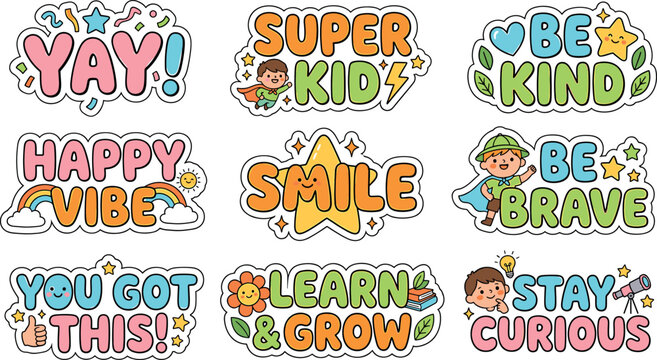 Big collection of cute cartoon motivational school stickers featuring positive affirmations text slogans and encouragement badges for children