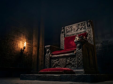 Ornate throne with red velvet in dark chamber with torch lighting