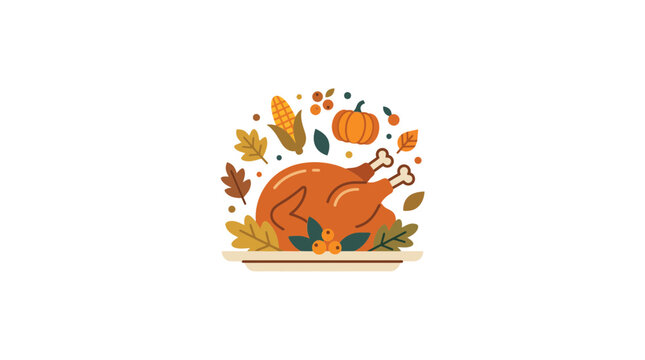 Illustration of roasted turkey with autumn leaves and pumpkin