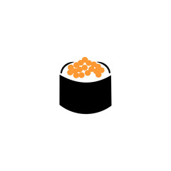 A minimalist, flat-style vector icon of a gunkan maki sushi roll, featuring a black nori wrap and a topping of bright orange fish roe. © Pernah