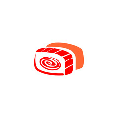 A minimalist, flat-style vector icon of a sushi roll featuring a vibrant red spiral pattern and a bright orange topping, presented against a clean white background. © Pernah