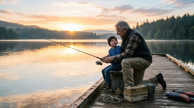 Senior man and a young boy fishing together on a wooden dock at a lake during sunset.