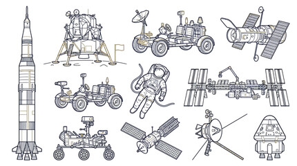 Collection of hand-drawn space exploration vehicles and equipment, including rockets, rovers, and astronauts. © Nuria
