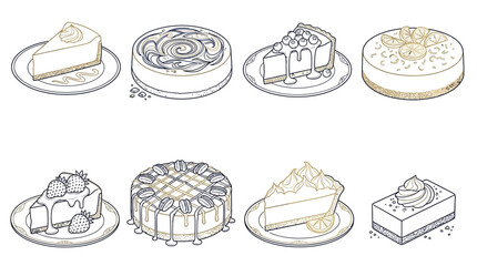 Collection of delicious cheesecakes and desserts, hand-drawn line art illustrations. © Nuria